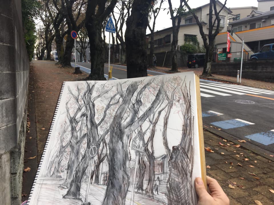 Cretacolorの鉛筆類を試しながら描く桜並木 コンテマン 松川久美の日常