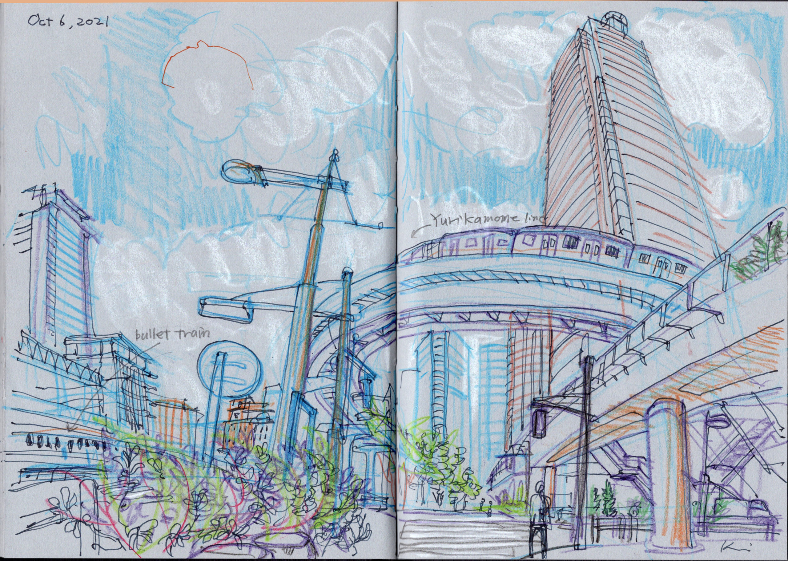 汐留から竹芝埠頭あたりをsketchwalk コンテマン 松川久美の日常